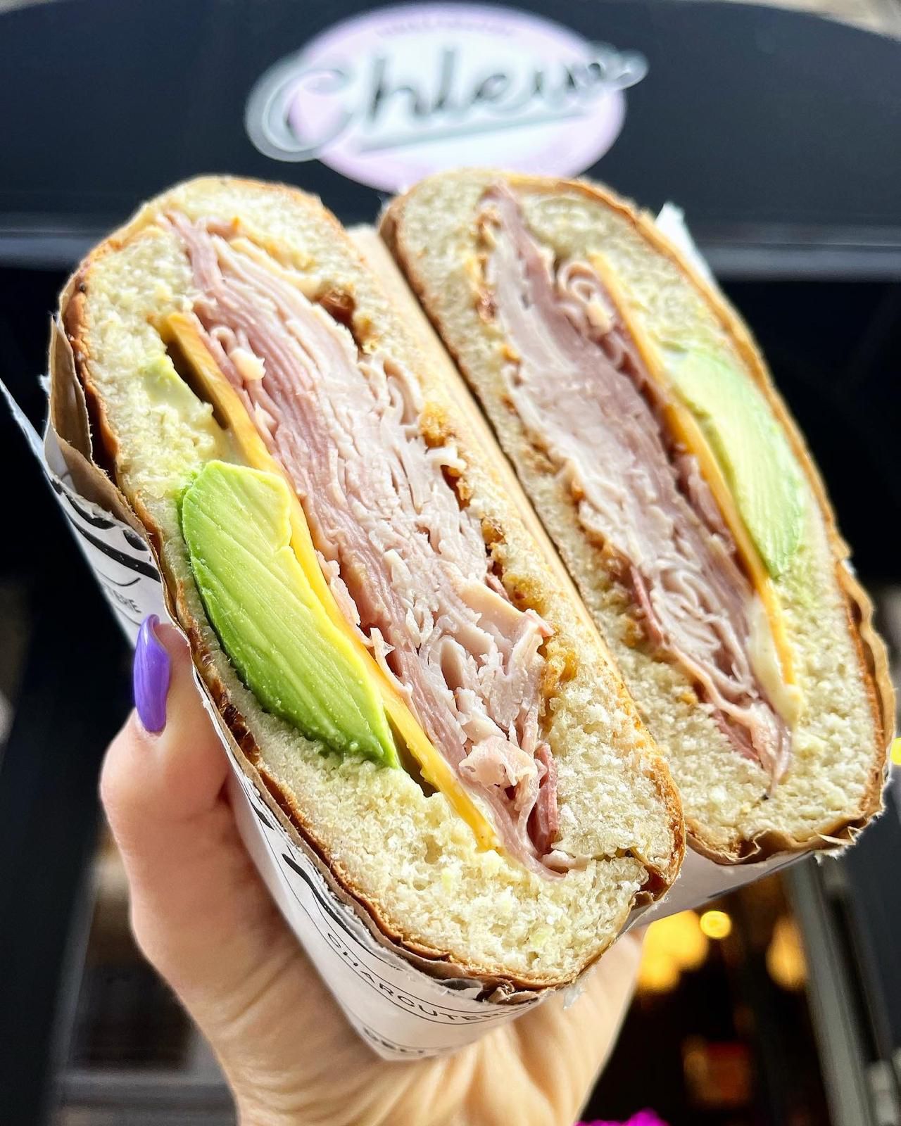 Turkey avocado sandwich with Chlew logo